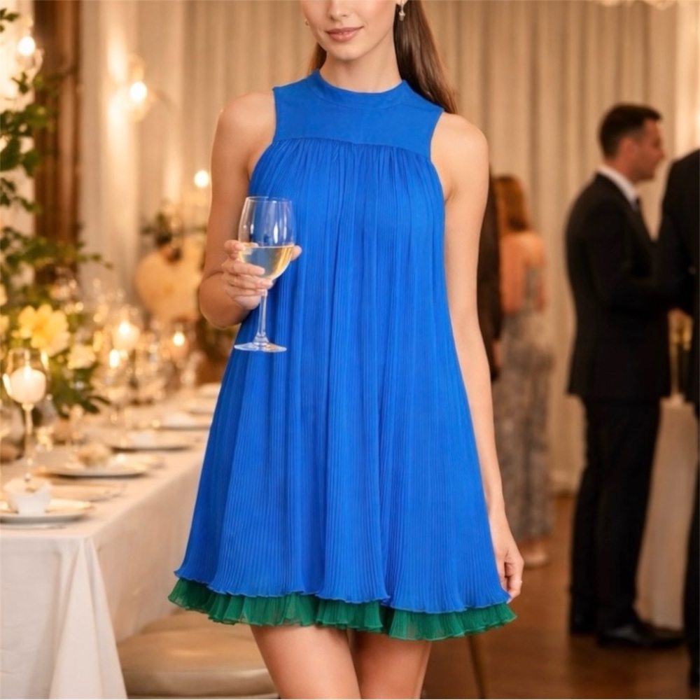 Lisa Perry NYFW 2015 Silk Pleated Runway Dress 2 Blue Green Mod NYC (flaw)